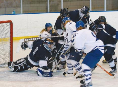 Freshman Kate Webb (right in white uniform) Scored UMB´s only goal against Saint Anselm College in a 4-1 loss on Sunday
 