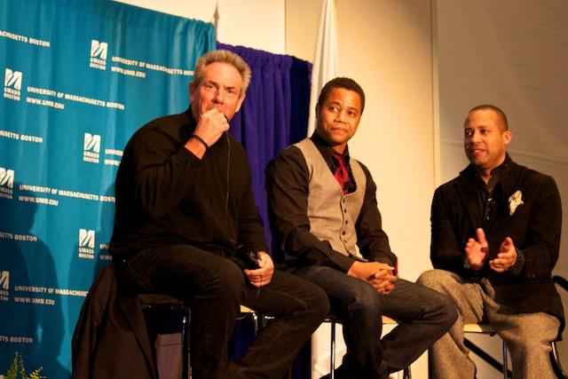 Producer+Rick+McCallum%2C+actor+Cuba+Gooding+Jr.+and+the+interviewer+sit+on+stage+as+Chancellor+Motley+speaks+to+the+crowd.