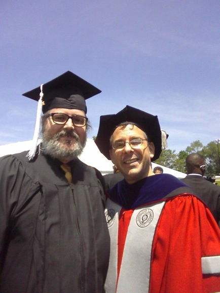 Pete Riesenberg (left) pictured here with Dr. Richard Lublin (right), took a break from his studies to work theaters in the New England area before returning to graduate in the theater arts program at UMass Boston. His plays have been performed in Los Angeles and UMass Bostons own McCormack Theater.
