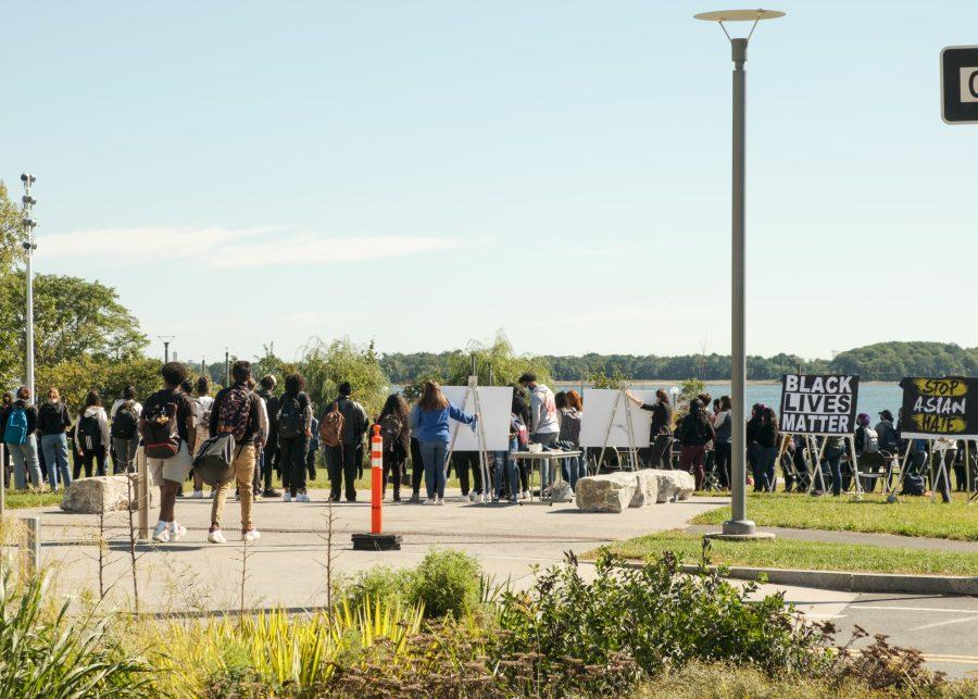 Students demonstrating in front of the Campus Center, Oct. 1, 2021.
