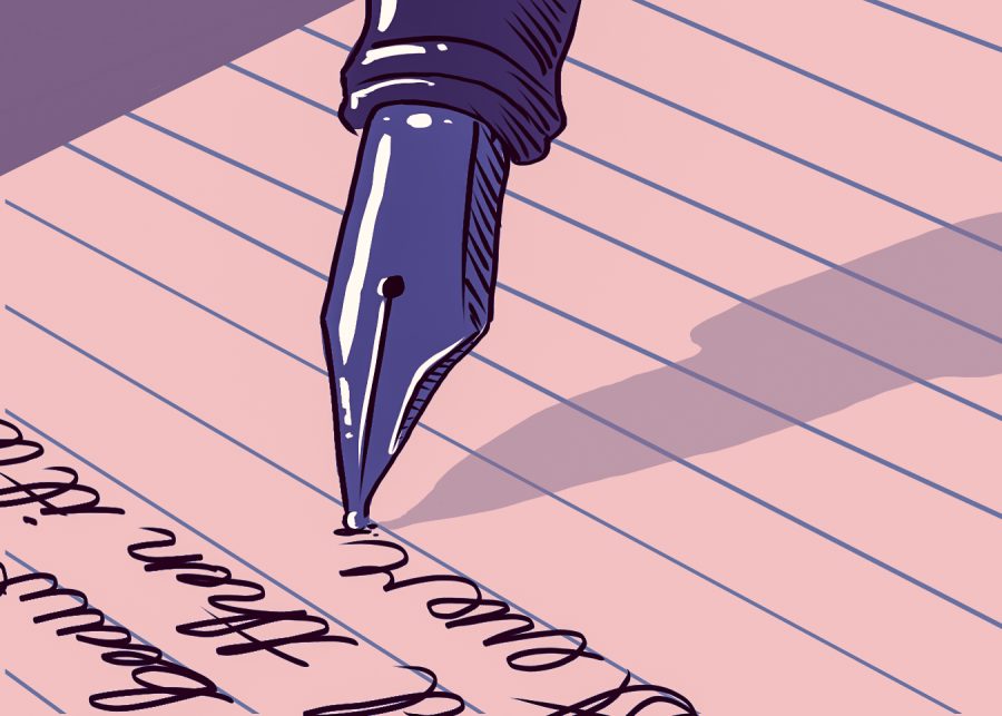 A writer jots down phrases with a fountain pen.
