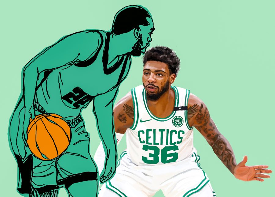 Marcus+Smart+of+the+Boston+Celtics+plays+defense.