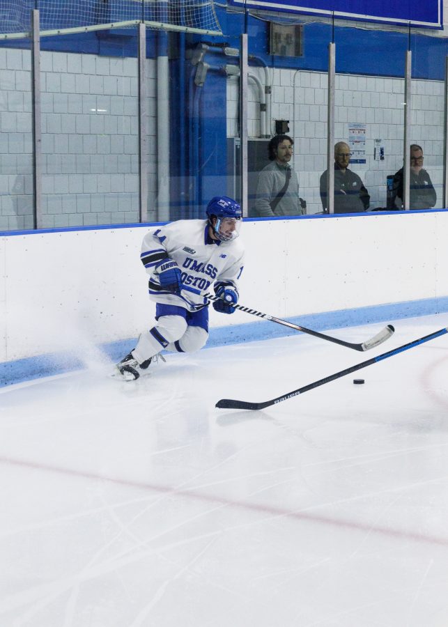 UMass Boston men’s hockey takes a shot at their game against UMass Dartmouth on Oct. 28, 2022.