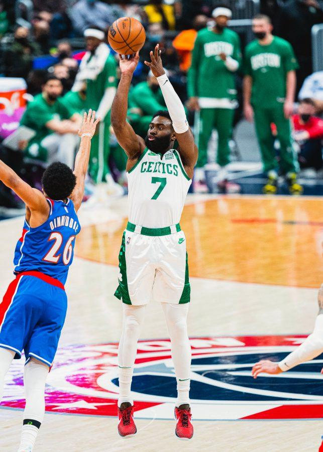 Jaylen Brown of the Boston Celtics plays a game in January 2022.