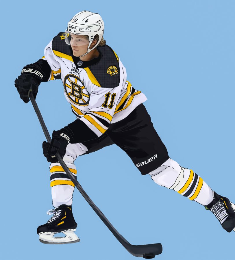 Boston Bruins left winger Trent Fredrick shoots a puck.