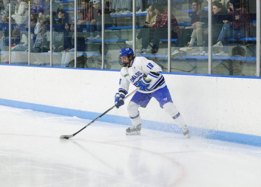 A men’s hockey team member during a game.