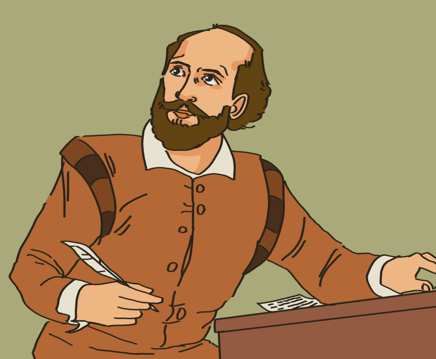 Shakespeare sits at his desk proud of the poetry he just wrote. Illustration by Bianca Oppedisano (She/Her) / Mass Media Staff.