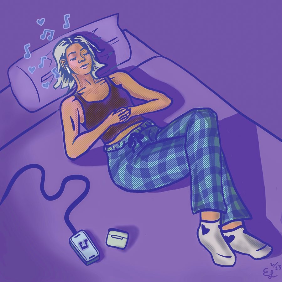 Illustration of a girl relaxing while listening to music in bed. Illustration by Eva Lycette (She/Her) / Mass Media Contributor. 
