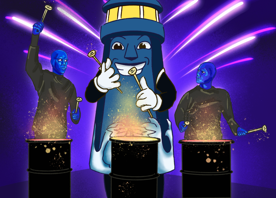 Bobby stands with the Blue Men Group staring at him while they all beat the paint drums. Illustration by Bianca Oppedisano (She/Her) / Mass Media Staff.