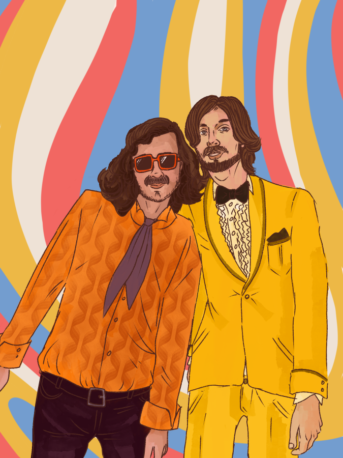 Two guys dress in their 60s Bees Neez tribute band outfits.Illustration by Bianca Oppedisano (She/Her) / Mass Media Staff. 