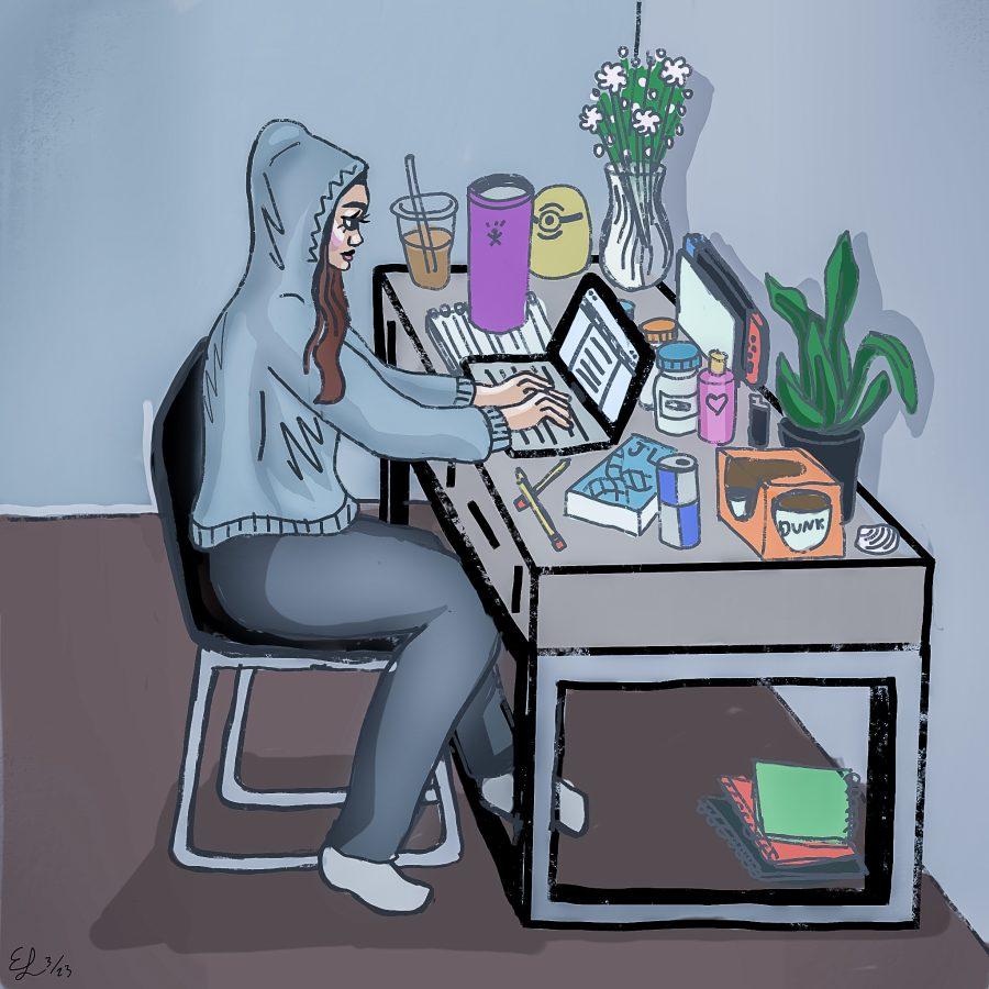 A+girl+works+on+assignments+from+her+cluttered+desk.+Illustration+by+Eva+Lycette+%28She%2FHer%29+%2F+Mass+Media+Staff.