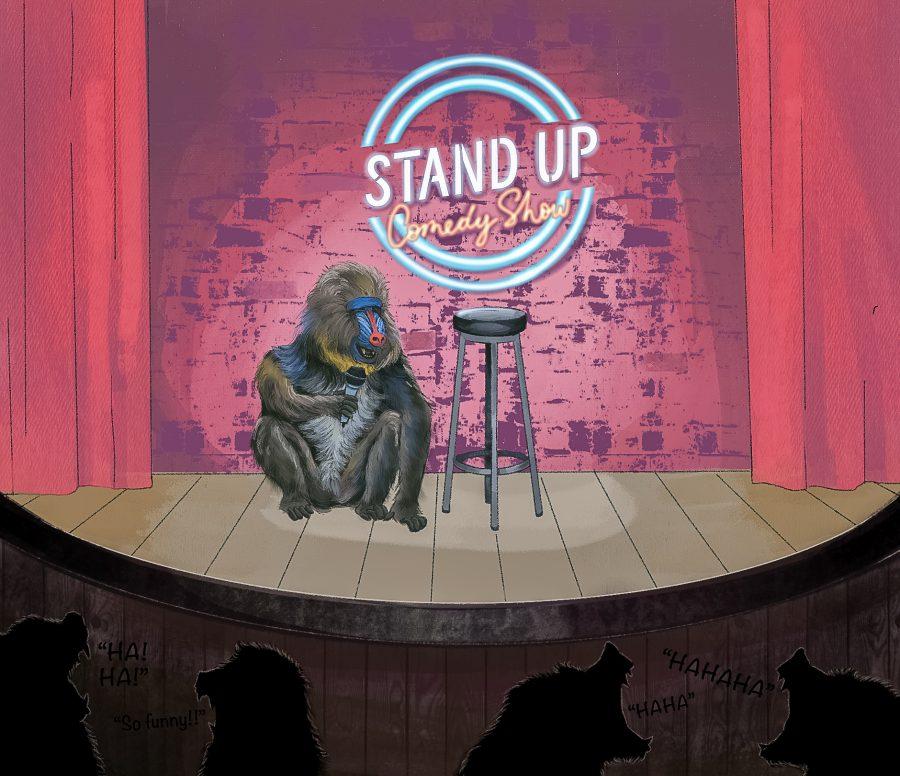 Lola the baboon does stand-up comedy for a bunch of fellow baboons. Illustration by Bianca Oppedisano (She/Her) / Mass Media Staff.