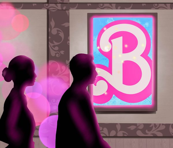 A pair walks by a Barbie poster in the movie theater hallway. Illustration by Bianca Oppedisano / Mass Media Staff.