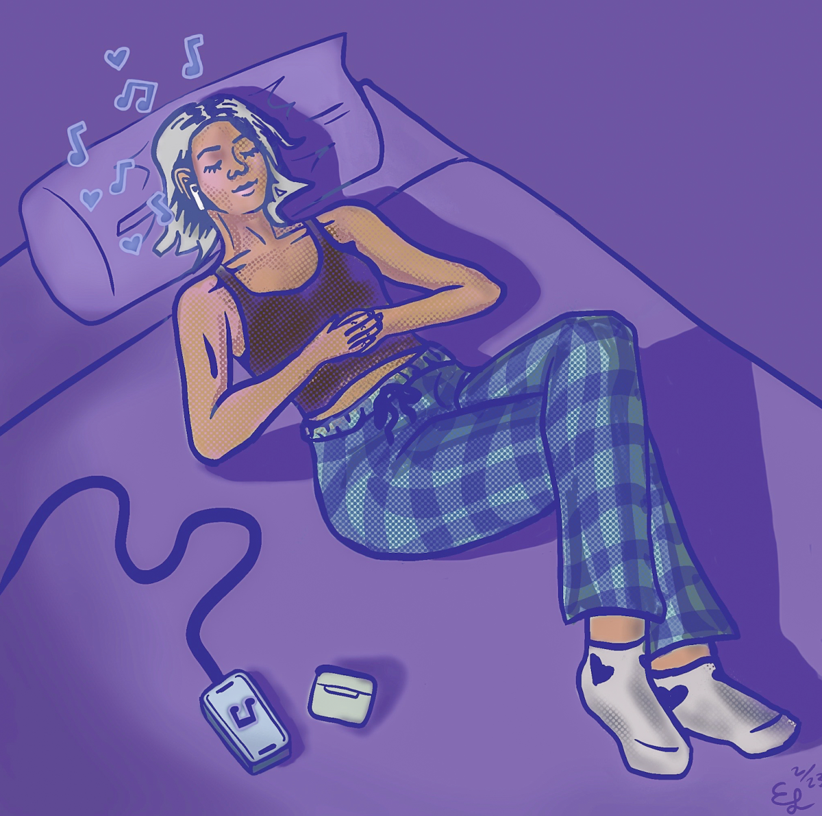A student listens to some music to decompress after a long day of classes. Illustration by Eva Lycette / Mass Media Staff. 