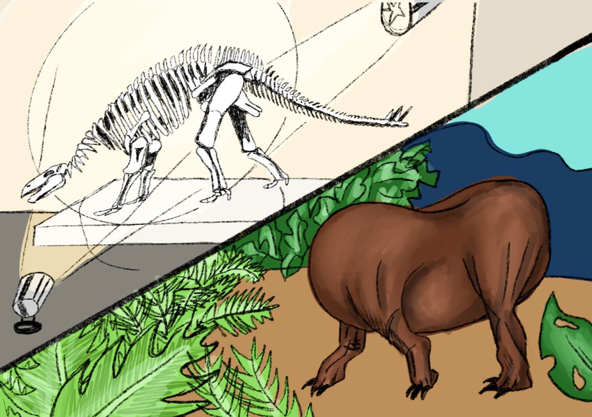 A recreation of the ancient Beanosaur, which inspired Boston’s nickname: Beantown. Illustration by Eva Lycette / Mass Media Staff