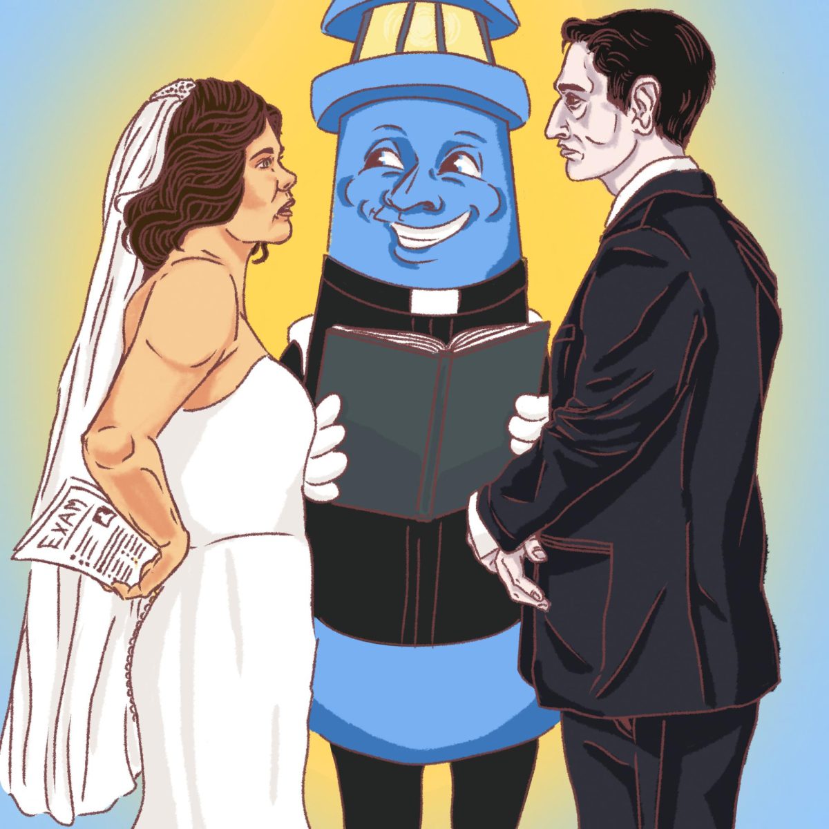 Bobby the Beacon officiates a wedding between student Persephone Thorneside and her professor. Illustration by Bianca Oppedisano / Mass Media Staff