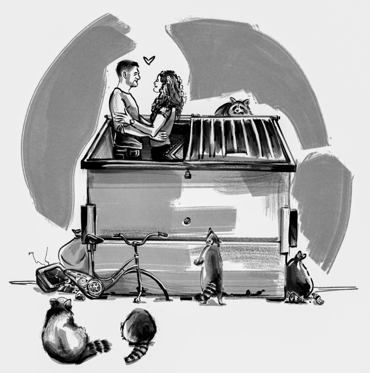 An excited couple stands in a dumpster surrounded by various treasures and trash. Illustration by Bianca Oppedisano / Mass Media Staff.