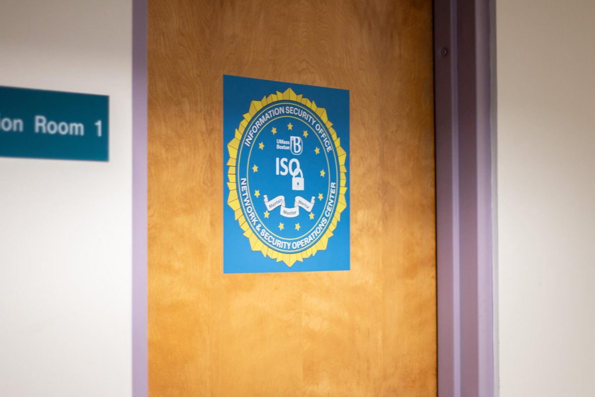 The door to the Network Security Operations Center in the Healey Library. Photo by Colin Tsuboi / Mass Media Staff.