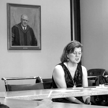 Randall Forsberg, an anti-war activist who challenged Senator John F. Kerry in the November 2002 elections with an energetic write-in campaign, lectures in the Chancellor?s Conference Room. - Photo by Kory Vergets
 