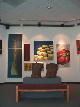 Bernadette McHugh?s asparagi and Paola Batti?s red pepper (acrylic paintings) hang above Skyela Heitz?s sculpted torsos.
 