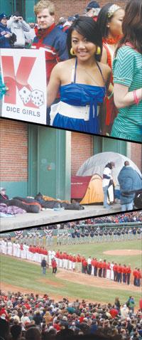 (Top) One of the many Dice-K Girls at Opening Day; Sox fans camp out in tents as Opening Day approaches; Both teams gather for the National Anthem.
 