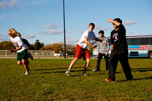 UMB students take part in an ultimate frisbee game outside of
campus center. The group meets there to play every Friday at 3
p.m.

