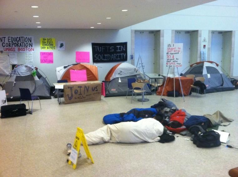 Tweeted by Paul Weiskel: students sleeping in the Campus Center