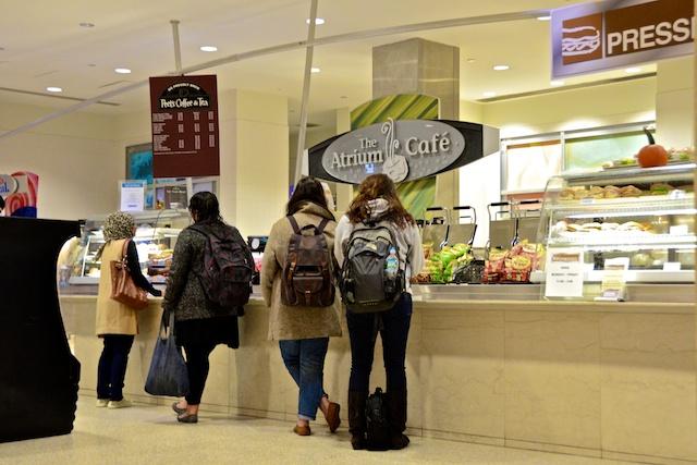 Students standing in line at the popular Atrium Cafe. 