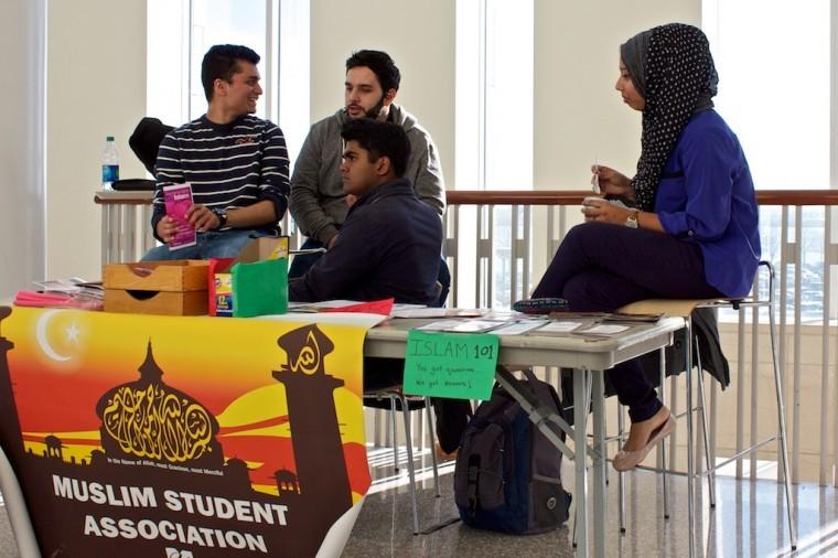 Members+of+the+Muslim+Student+Association+Preparing+to+Speak+to+Students+in+the+Campus+Center+Terrace
