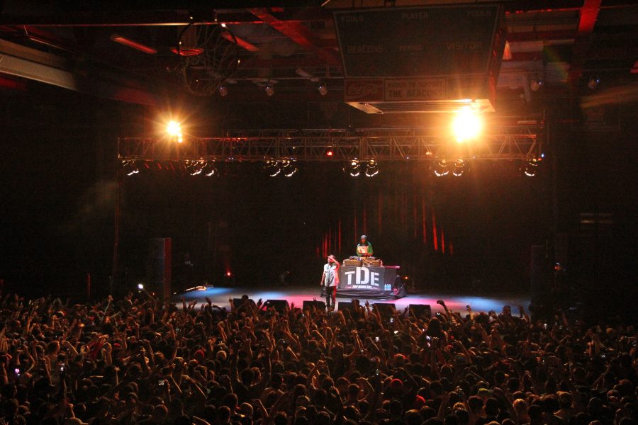 Kendrick Lamar greets the crowd in the Clark Athletic Center.