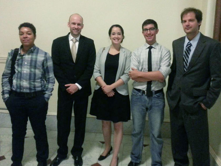 Left to right: Stasha Lampert (UMass Boston Student Trustee 2010-2011), Neil MacInnes-Barker (UMass Boston Student Body President 2010-2011), Alexis Marvel (UMass Boston Student Trustee 2012-2013 and current UMass Boston Student Body President), Nolan O'Brien (current UMass Boston Student Trustee), and Alex Kulenovic (UMass Boston Student Trustee 2007-2009 and current organizing director at PHENOM)