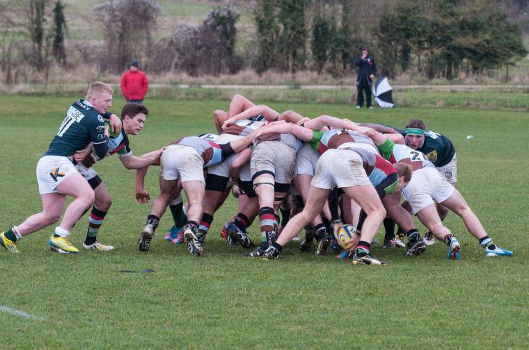 A rugby scrum in action