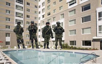 Building #1 troops occupy the pool area and dream about summertime