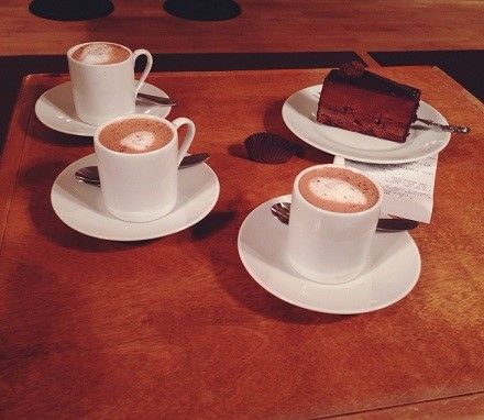 Hot chocolates and cake at L.A. Burdick Chocolate in Harvard Square