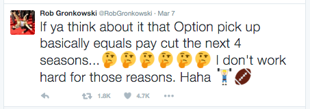 Patriots tight end Rob Gronkowski playfully points out how the contract extension he signed with the Patriots in 2012 had a built-in option to keep him in New England, preventing him from moving on to a more profitable arrangement with another team. 