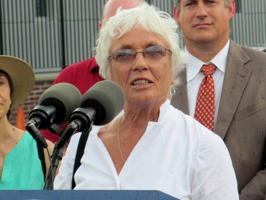 Senator Pat Jehlen speaking at the 2014 opening of the Assembly MBTA station in Somerville