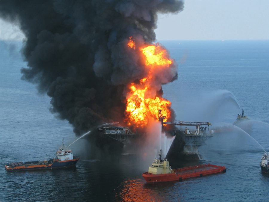 Flames and smoke rise from the burning Deepwater Horizon drilling rig in the Gulf of Mexico in 2010.
