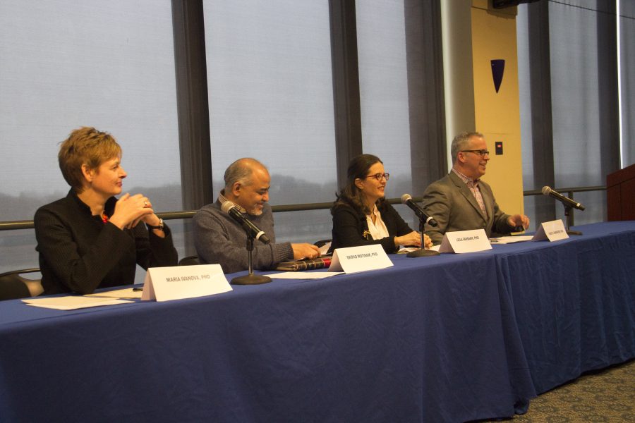 Professors (Left to Right) Maria Ivanova, PhD; Sripad Motiram, PhD; Leila Farsakh PhD; and Stacy D. VanDeveer, PhD speaking as part of a series of roundtable discussions on President Trumps various policies 