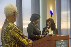 Dr. Jemadari Kamara (left), Dr. Chihombori (center), and&#160;Dr. Joyce Hope Scott, leader of the Boston Pan-African Forum, address the UMass Boston and BU community in Ryan Lounge.