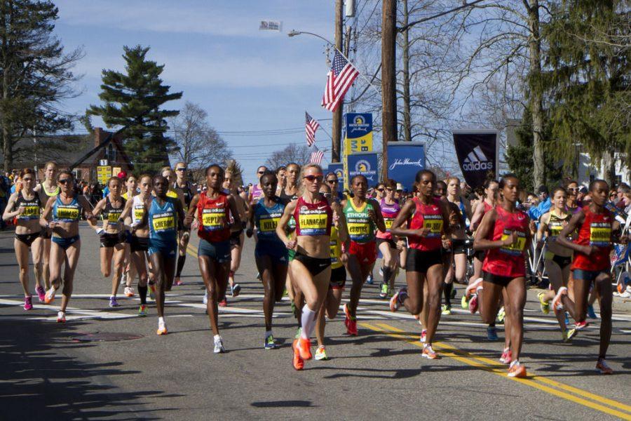 Women runners of the 2014 Boston at the start of the race in Hopkinton, MA. 