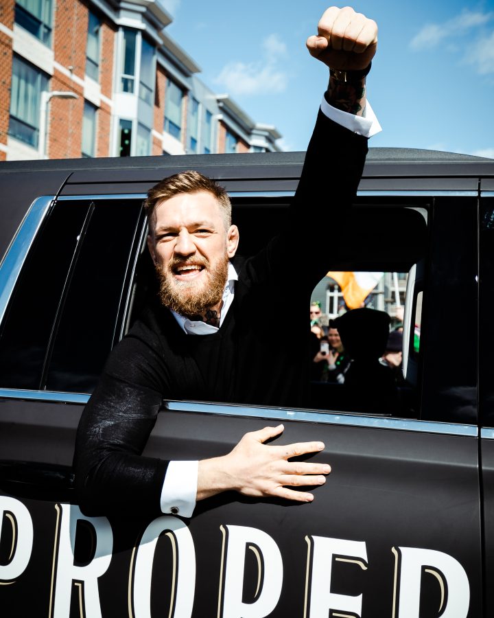 Former UFC lightweight and featherweight champion Conor McGregor making an energetic appearance in Southie.