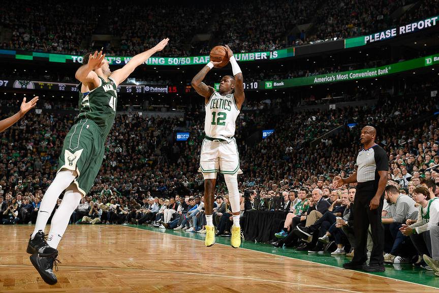BOSTON, MA - MAY 3: Terry Rozier #12 of the Boston Celtics shoots the ball against the Milwaukee Bucks during Game Three of the Eastern Conference Semifinals of the 2019 NBA Playoffs on May 3, 2019 at the TD Garden in Boston, Massachusetts. NOTE TO USER: User expressly acknowledges and agrees that, by downloading and/or using this photograph, user is consenting to the terms and conditions of the Getty Images License Agreement. Mandatory Copyright Notice: Copyright 2019 NBAE (Photo by Brian Babineau/NBAE via Getty Images)