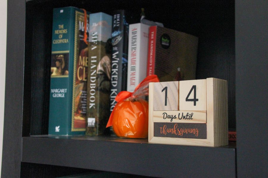 A set of blocks sit on a students bookshelf counting down to Thanksgiving. The rest of their apartment was adorned with a host of fall themed decor.