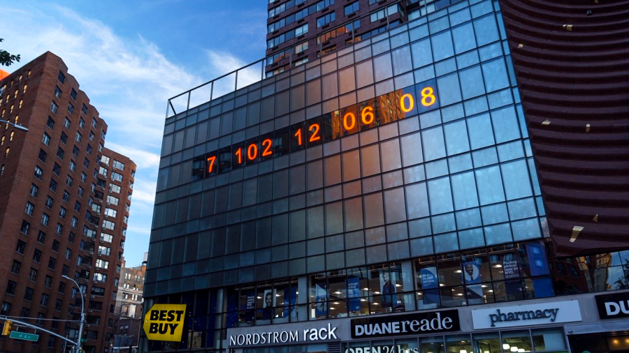 Image of New York City’s “Climate Clock” depicting global warming dangers. Photo courtesy of Zack Winestine.