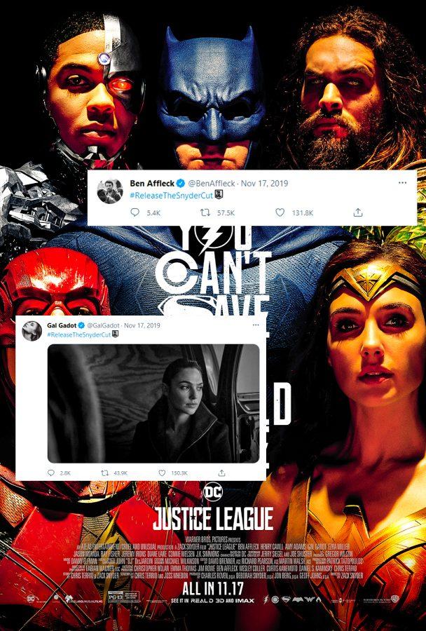 Justice League poster with Ben Affleck and Gal Gadot tweets superimposed.