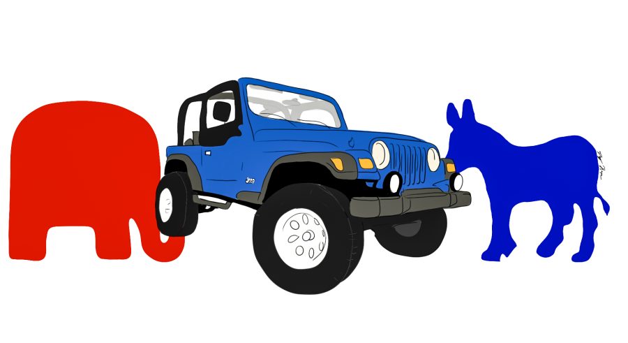 Illustration of a jeep, democratic and republican logos.