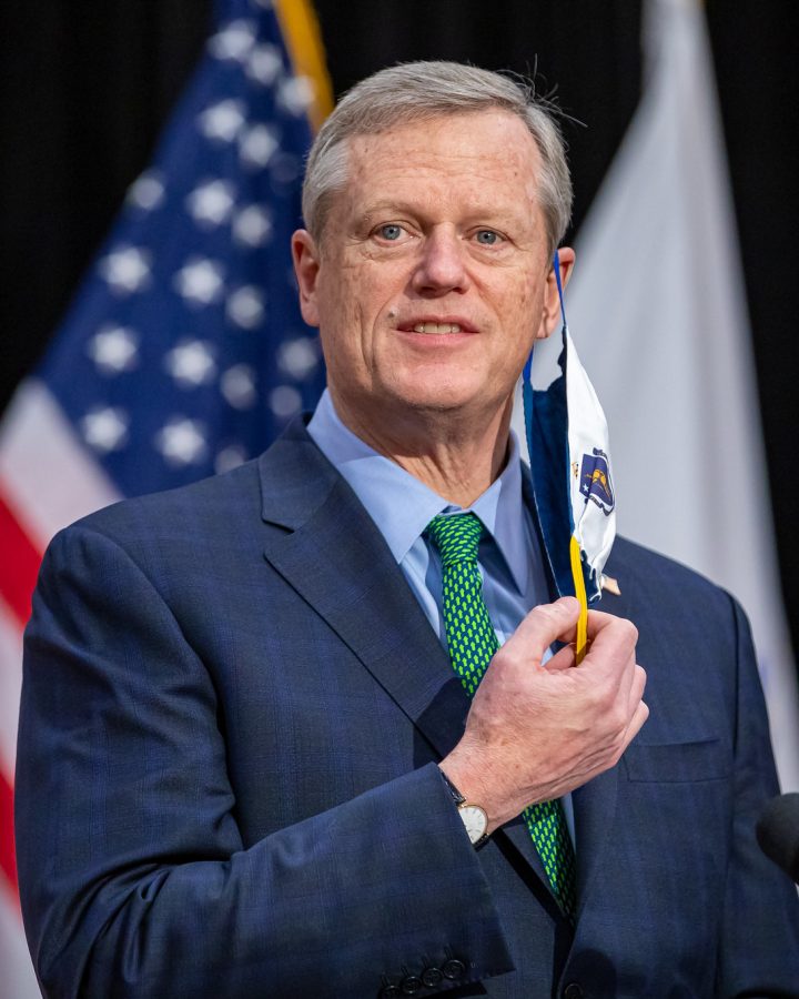 Governor Charlie Baker provides updates on in-person learning and COVID-19 vaccinations at a State House press conference on Feb. 23, 2021.