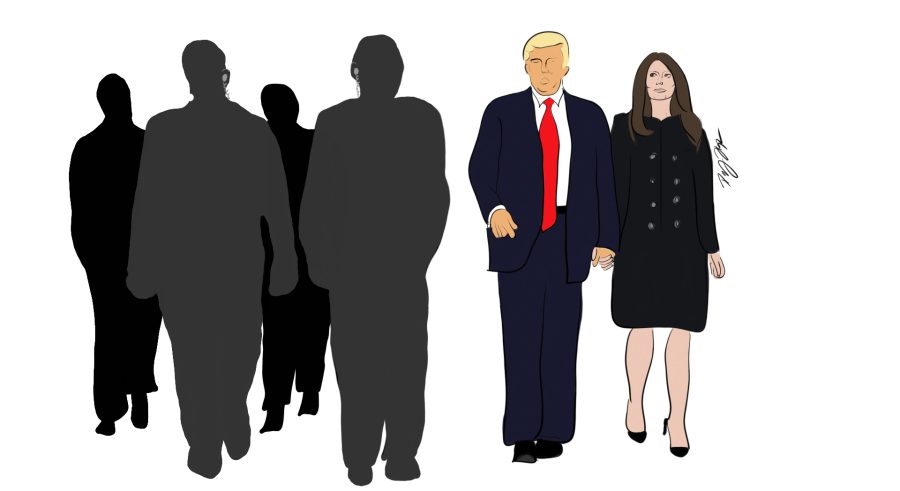 Illustration of Donald Trump and a security team.