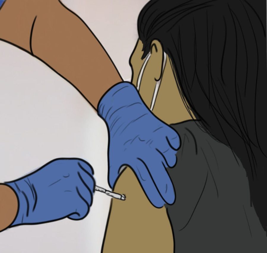 Depiction of people receiving COVID-19 vaccine.