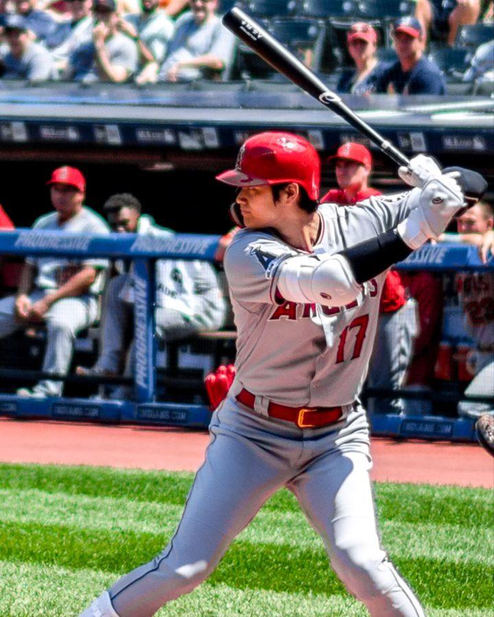 Shohei Ohtani batting for the Los Angeles Angels during a game against the Cleveland Indians in 2019.